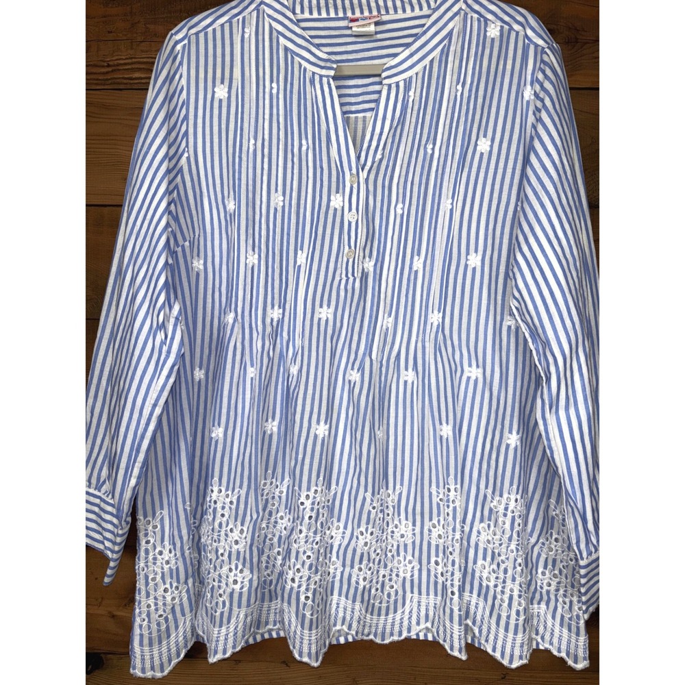 American Sweetheart Blouse Womens XL Cotton Stripe Embroidered Eyelet Henley